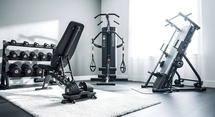 A well equipped home gym featuring dumbbells, a weight bench, and a multi gym machine in a bright room