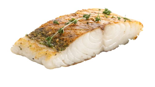 A baked fillet of fatty Barramundi Australis fish with herbs on white or transparent background