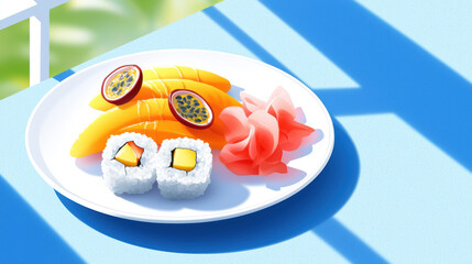Delicious sushi plate featuring vibrant mango, passion fruit, and pickled ginger, perfect for sunny day