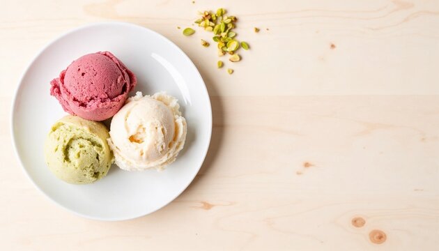 Three scoops of colorful ice cream on a plate with pistachios  
