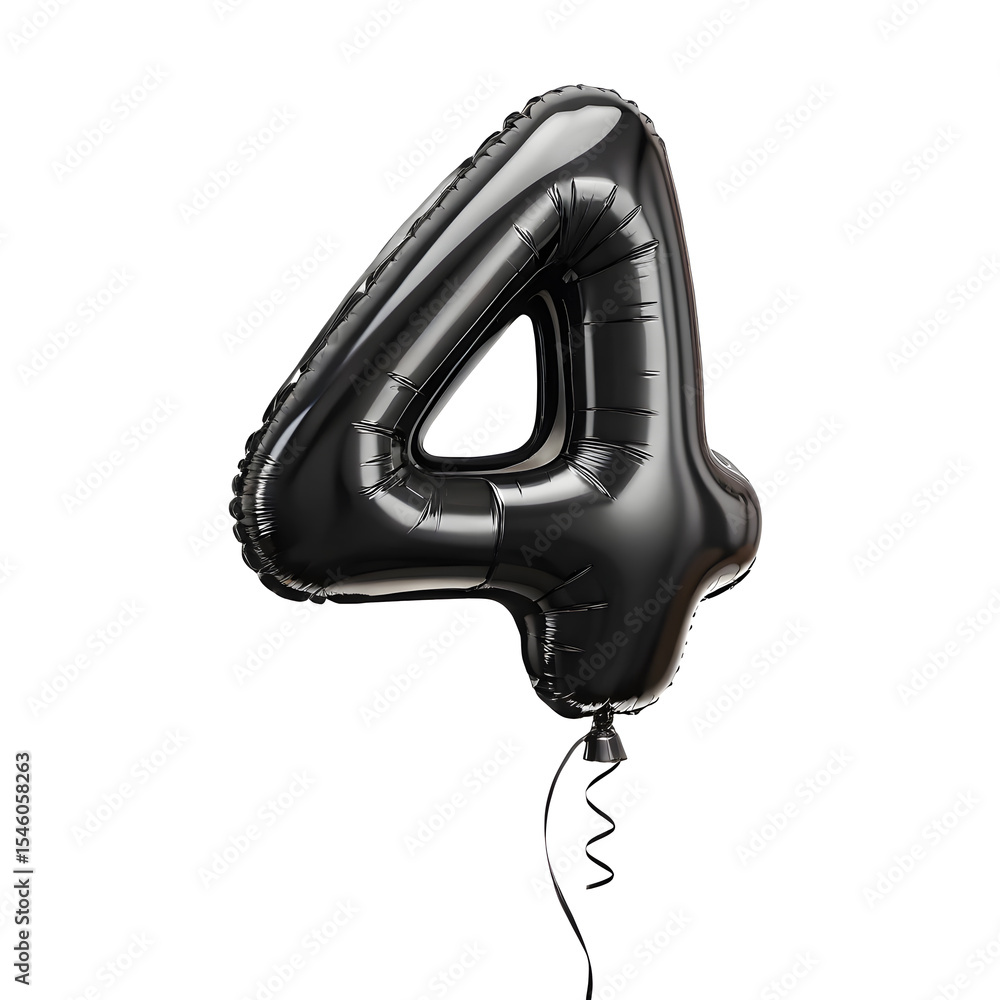 Fototapete a balloon shaped like the number 4,matte black metallic finish with realistic reflections and smooth