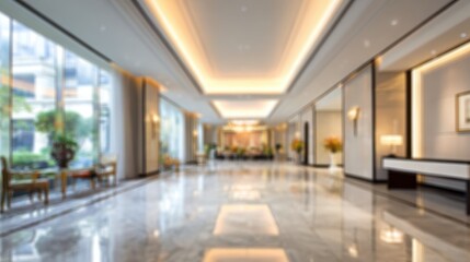 Stunning photo of blurred hotel or office building lobby blur background interior view toward reception hall modern luxury white room space with blurry corridor and building.