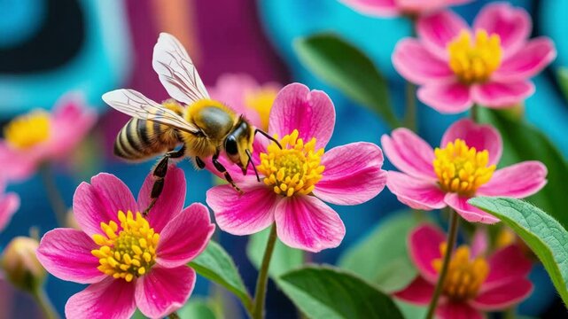 A honeybee collects nectar from vibrant pink flowers with yellow centers. The background features colorful abstract patterns.