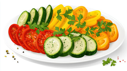 Colorful platter of sliced seasonal vegetables including cucumbers, tomatoes, and bell peppers garnished with herbs