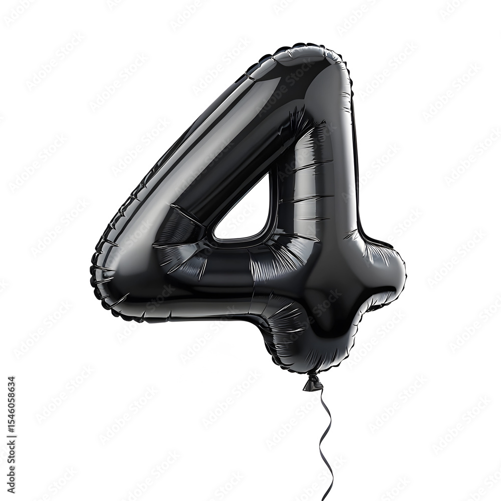Fototapete a balloon shaped like the number 4,matte black metallic finish with realistic reflections and smooth