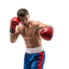 portrait of a boxer. young boxer with boxing gloves. Young pro boxer doing uppercut punch isolated on white background.