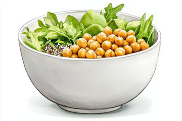 Fresh salad bowl with roasted chickpeas and greens, showcasing vibrant colors and healthy ingredients