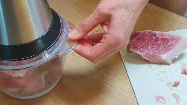 Woman mince the meat in the electrical chopper on the kitchen counter top. Food