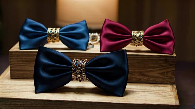 there are three bow ties on a wooden box on a table