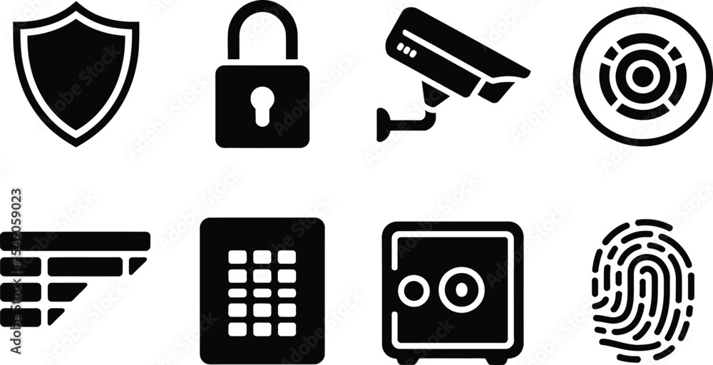 Poster collection of security protection icons representing concepts like safeguarding privacy and digital 