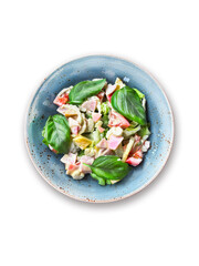 Salad with ham, tomatoes, green salad, decorated with basil leaves. Top view isolated on white photo