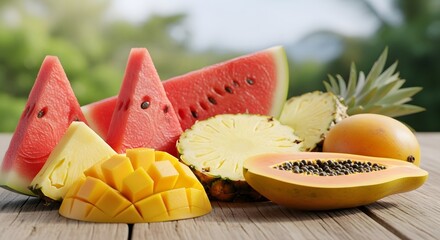 A vibrant display of fresh fruits featuring watermelon pineapple mango and papaya on a wooden surface