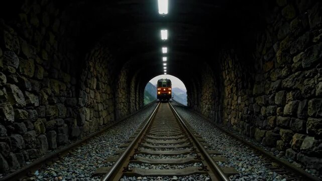 there is a train going through a tunnel with a person on it