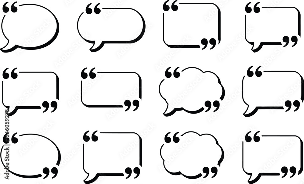 Poster collection of various speech bubbles with quotation marks isolated on a white background
