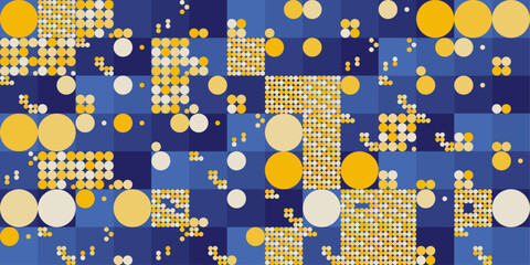 Dynamic polka dot pattern with various circle sizes on a blue-toned grid