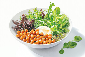 vibrant Buddha bowl featuring roasted chickpeas, fresh greens, and quinoa, showcasing healthy eating