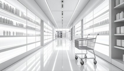 Sterile Supermarket Aisle with Shopping Cart and Bright White Product Shelves
