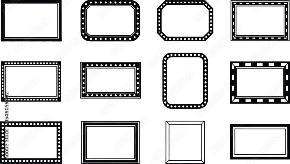 Poster collection of black and white rectangular frames with diverse decorative borders in vector format