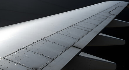 A close-up of a riveted aluminum airplane wing, showcasing sleek and aerodynamic aerospace engineering.