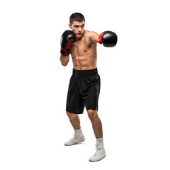 portrait of a boxer. young boxer with boxing gloves. Young pro boxer doing uppercut punch isolated on white background.