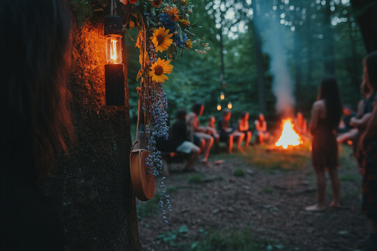 wreath of Meadow flower in summer garden, natural sunny background. Floral crown, symbol of Summer Solstice Day, Midsummer holiday. witch tradition, wiccan ritual. Litha sabbat. template for design