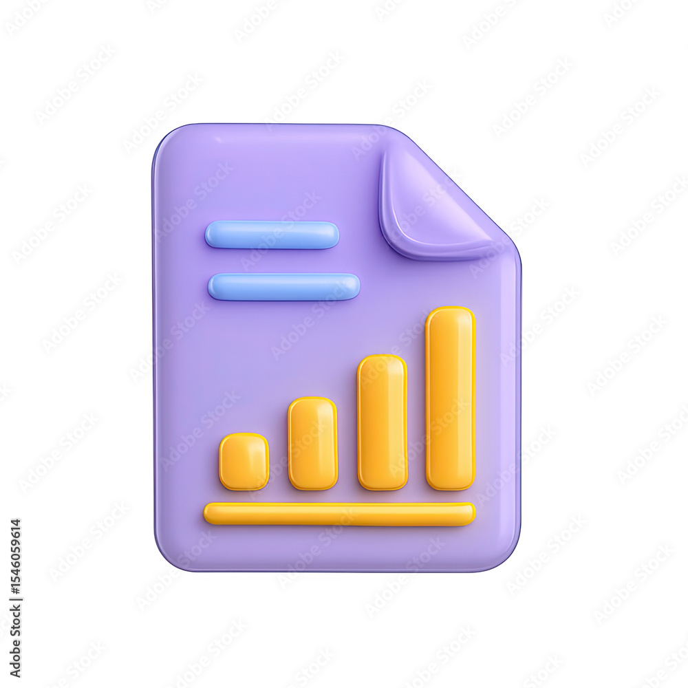 Poster 3d render of a purple and yellow report icon with a bar graph
