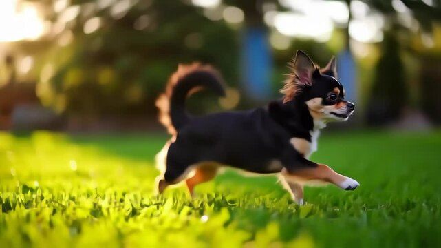 Chihuahua Joyfully Running Through a Vibrant Garden