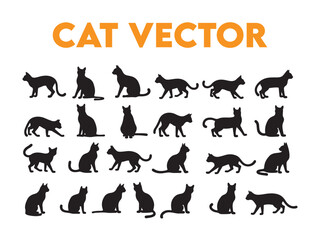 A collection of vector silhouettes depicting various poses of domestic cats in black