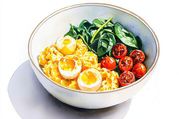 watercolor illustration of rustic breakfast bowl featuring eggs, spinach, and cherry tomatoes, evoking fresh and healthy vibe