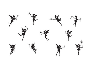 Silhouette illustration of magical fairies holding star wands in various dynamic poses on white background
