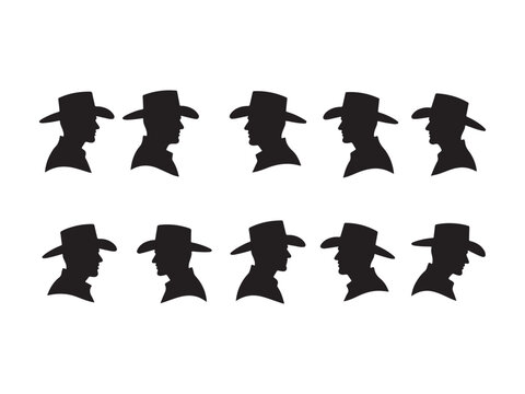 Silhouetted cowboy faces representing strength and western spirit isolated on white background