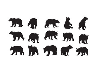 Vector silhouette collection of various bear poses isolated on white background for design