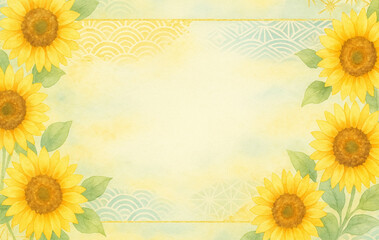Watercolor Sunflower Background with Japanese Traditional Patterns – Summer Theme