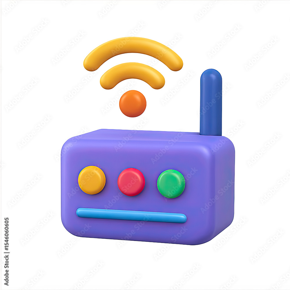 Poster 3d render of a wireless router with glowing wifi symbol