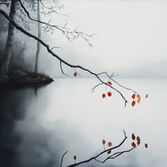 serene watercolor painting depicting foggy lake with branch featuring red leaves reflecting on water surface