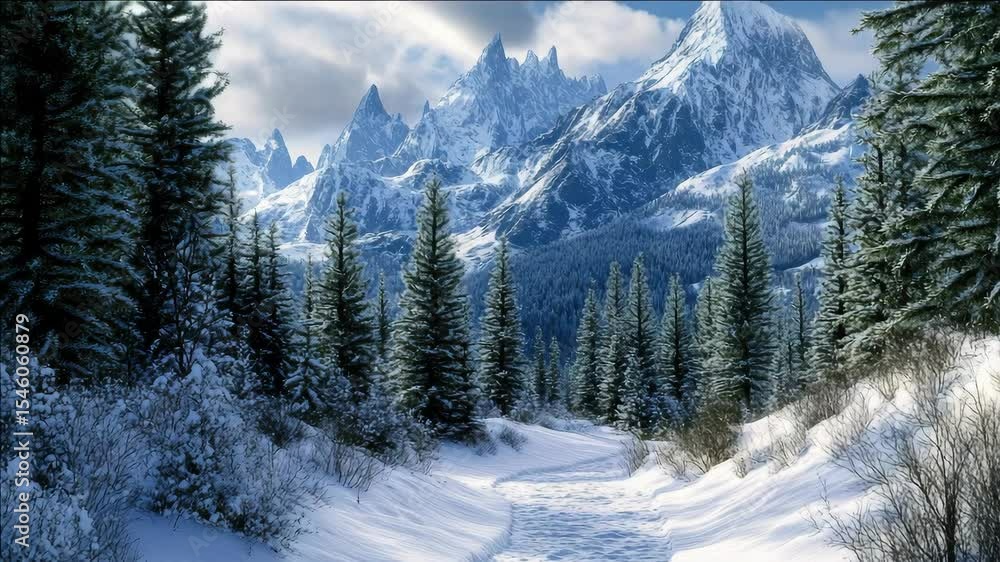 Poster a snowy mountain range with a path through the woods. the path is covered in snow and the trees are 
