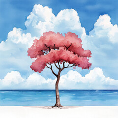 vibrant pink tree stands against serene blue sky with fluffy clouds, reflecting tranquility and beauty
