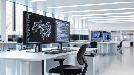 Modern office workspace featuring dual monitors displaying data visualizations and code, creating tech savvy atmosphere
