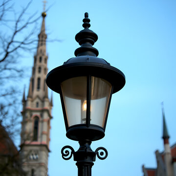 Gas street lamp, lantern. The Cathedral Island (polish: Ostrow Tumski) in Wroclaw, Poland. One of the few remaining places in Europe where a lamplighter lights the gas street lamps every evening