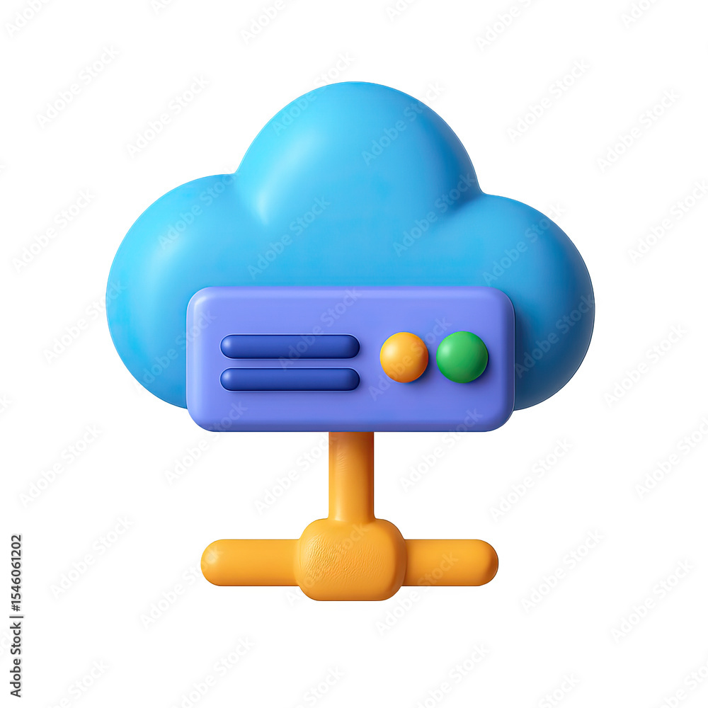 Poster 3d render of blue cloud server icon with orange connectors on a gradient background