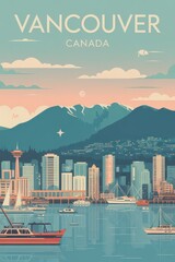 Obraz premium Vintage Travel Poster of Vancouver Skyline and Coastal Harbor, Canada