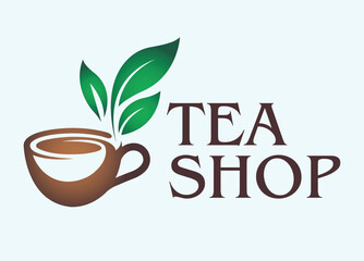 Tea Shop Logo Brown Cup with Green Leaves Fresh Brew Branding