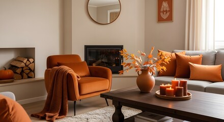 A living room with orange accents featuring a fireplace armchair and coffee table arrangement setup