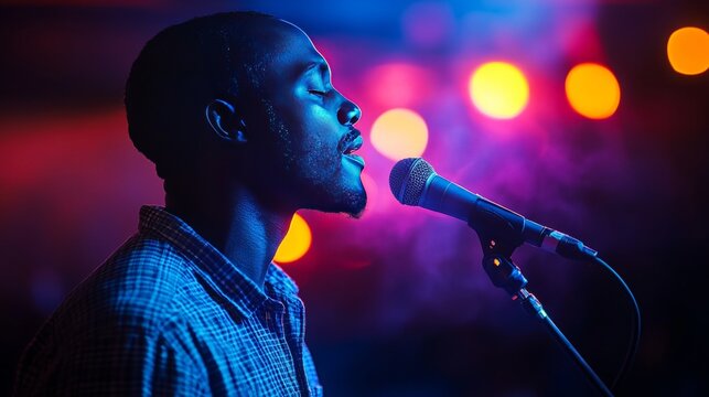 Young stylish singer performing live music with energy and passion on stage