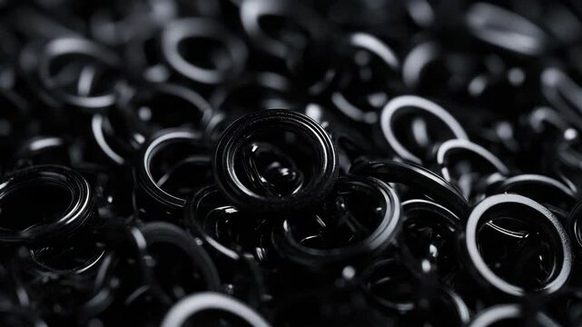 Various rings stacked together, creating a monochrome pattern and texture.