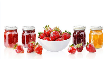 vibrant bowl of strawberries surrounded by jars of jam, evoking fresh and inviting atmosphere