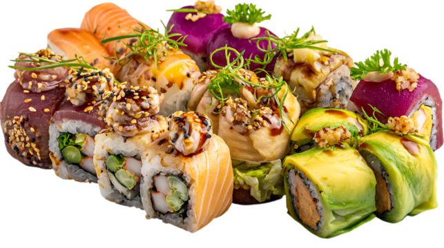 Assorted sushi rolls platter isolated on transparent background - Powered by Adobe
