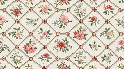 Elegant Floral Pattern with Diamond Grid and Watercolor Style Flowers and Leaves