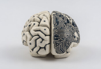 Clay sculpture of brain with one half showing organic texture and other half designed with circuit board patterns, symbolizing fusion of human intelligence and technology
