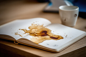 Open notebook with coffee stain on pages and white cup on wooden table, casual imperfection creating artistic splash effect in warm light